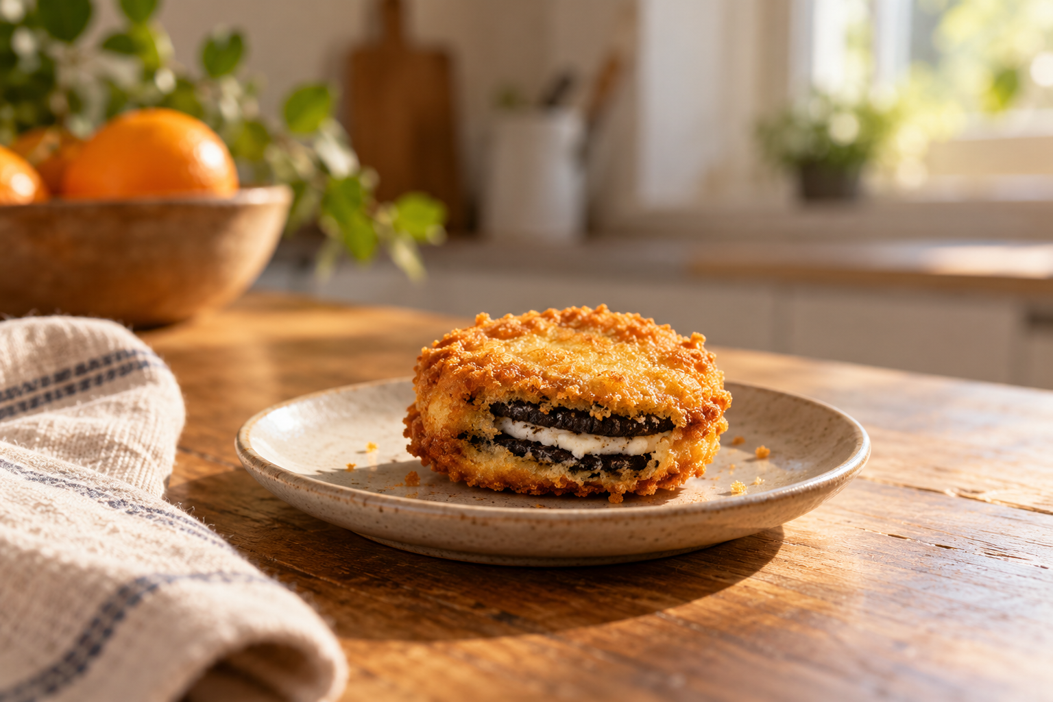 A fried chocolate sandwich cookie on a plate in a sunlit kitchen.